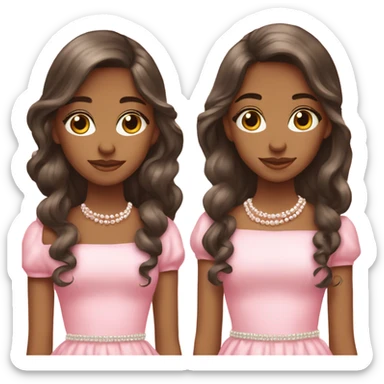two teenage Latina twins. pink. Long hair. Pink bows. Pearls. Light pink. Diamonds dress. sticker