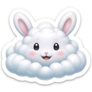 Cinematic tiny puffy bunny-shaped cloud, floating gently in the sky, soft glowing light, tiny rounded ears, smiling face, dreamy and magical. sticker