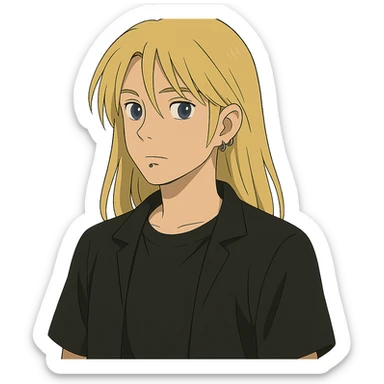 ghibli style boy with long light blonde hair, dark blue eyes, facial piercings, all black clothing sticker