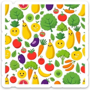 organic fruits and vegetables with happy faces sticker