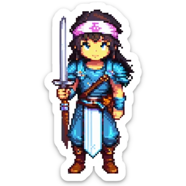 pixel art JRPG character with a sword and headband, classic RPG hero look sticker