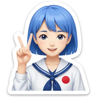 Energetic anime girl with short blue hair wearing Japanese sailor style school uniform, winking and making double peace signs, very cheerful and bubbly, kawaii style sticker