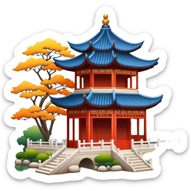 Suzhou classical garden with pavilion, simplified emoji style with bold outlines and bright colors, cartoon style traditional Chinese garden sticker