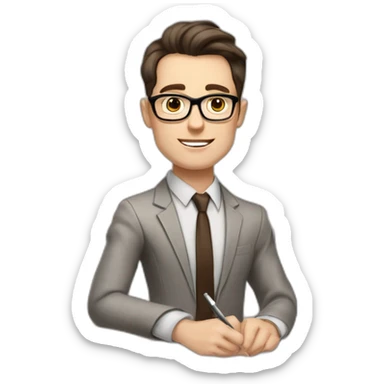 Pale skinned fit man with dark brown hair in gray jacket, beige office shirt, brown tie, brown pants and vintage glasses Writing on the flipchart sticker