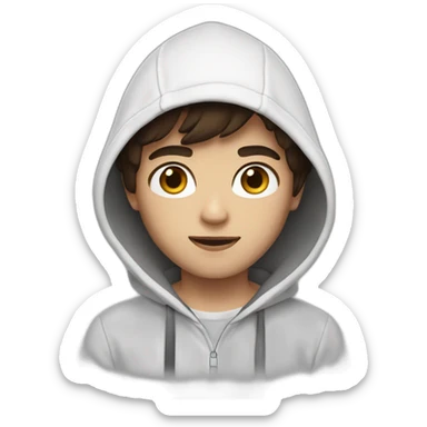 Boy with semi-long semi-dark brown hair with a white hoodie and black eyes sticker