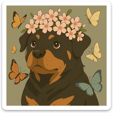 Add butterflies fluttering around the rottweiler with a cherry blossom flower crown, keep the original style and colors sticker