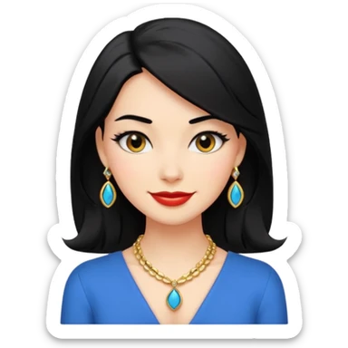 A confident, stylish female cartoon character with black hair, sly smile, flirtatious eyes, elegant pose, jewelry hints, minimalist, high-contrast colors, designed as a small, bold emoji icon. sticker