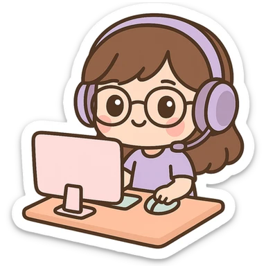 female brunette with glasses and a purple gaming headset, chibi style, sitting at a desk sticker