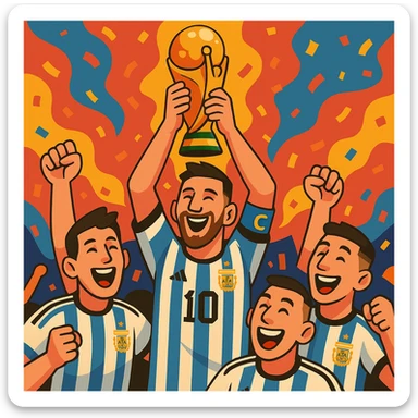 Messi lifting the World Cup above his head, surrounded by teammates, joyful expression sticker