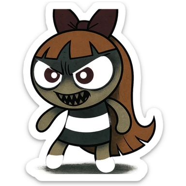 Blossom from Powerpuff Girls, cartoon style, full body, scary and menacing expression, dark and eerie colors sticker