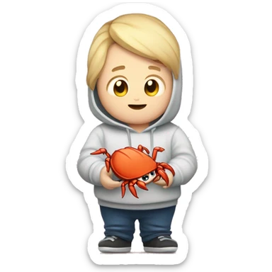 chubby, light hair, short hair, combover, hoodie, holding crab mascot from rust programming language. And a sweet milk in the other hand sticker