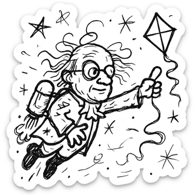 Ben Franklin with jetpack, left hand holding diamond kite, right arm out as if flying, minimalist black outline, slightly chaotic lines sticker
