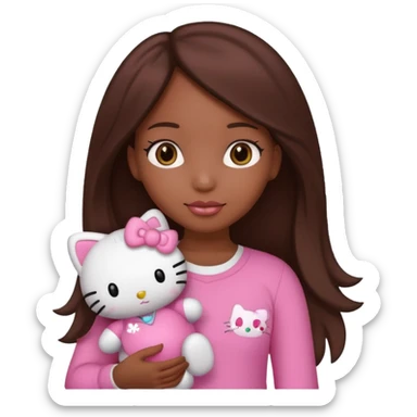 black girl with long brown hair holding a hello kitty sticker