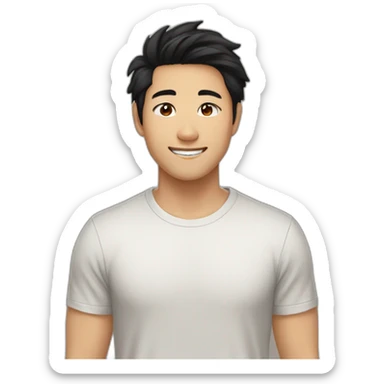 guy, black hair, medium length hair, in his 20s, very asian, smiling, t-shirt only, slight brown skin, dark brown eyes, slighty wavy hair sticker