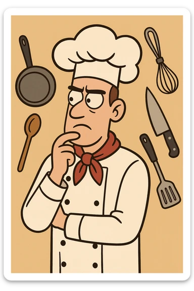 cartoon style chef thinking, hand on chin pose, surrounded by cooking utensils sticker