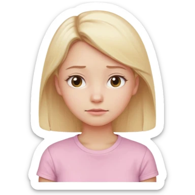 A cute emoji-style girl with light blonde hair and a soft pink t-shirt, looking thoughtfully into the distance, gentle expression, slightly furrowed brows, dreamy eyes, clean white background, simple and smooth vector-like design, pastel tones, 2D flat illustration, high clarity, emoji aesthetic sticker