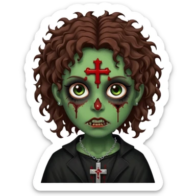 Zumbi verde com olhos castanhos aspecto de que tá sangrando, com cabelo castanho cacheado um piercing do lado esquerdo do nariz, roupa preta e crucifixo como colar, e também delineador  sticker
