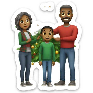 Father mother and son around a christmas tree sticker