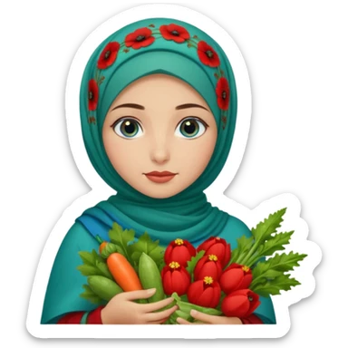 Turkish beautiful finish Konya girl blue eyes with poppy floral hijab and green red dress and she had on her hand vegetables  sticker