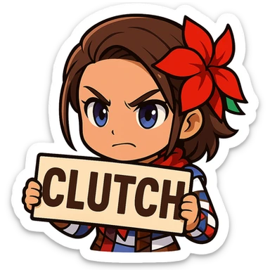 Azucena from Tekken 8 in chibi sticker style, holding a sign that says 'CLUTCH', determined expression, designed for Twitch emote use sticker