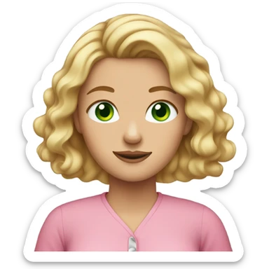 Woman with wavy blonde hair, green eyes, and freckles. Wearing pink shirt sticker