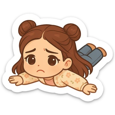 Create a chibi sticker of the girl from the reference image lying on the floor sad with arms spread. She has brown straight hair styled in double buns, brown eyes, wearing a pastel floral cardigan and jeans. The sticker should have a white outline and a transparent background, sized 512x512px. sticker