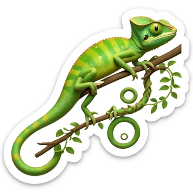 cinematic-chameleon-realistic-full-body-climbing-emoji,-slender-body-gripping-a-twisting-vine-with-prehensile-feet,-scaly-green-skin-shifting-shades-with-its-environment,-large-bulging-eyes-rotating-independently,-delicate-coiled-tail-curling-behind,-long-tongue-slightly-protruding-as-if-ready-to-strike,-simplified-yet-realistic-focused-features,-highly-detailed,-glowing-with-an-ethereal-forest-light sticker