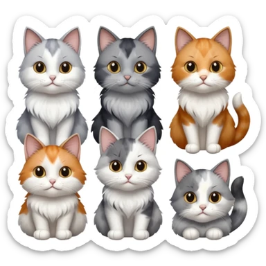 6 realistic looking cats with different natural coloured coats, assorted grey and white, greys, calico, brown and white colours etc
 sticker