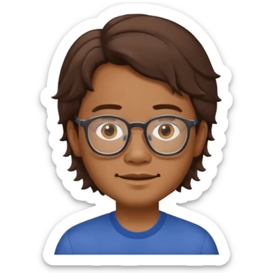 Filipino male, with goatie, wearing glasses, medium wavy length hair, brown sticker