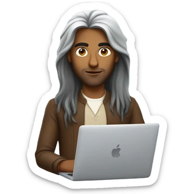 brown indian software engineer long hair with mackbook in front sticker