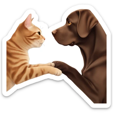 A chocolate lab and a brown tabby cat hi-fiving sticker