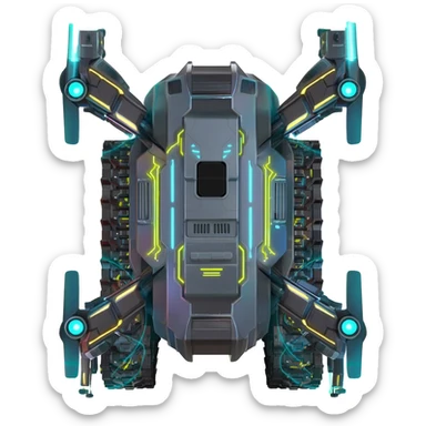 A top down view of an end level boss robot drone with tank track, in a cyber punk futuristic style far beyond what is currently available today, from the year 3000, the camera needs to be directly above the end boss robot drone looking down sticker