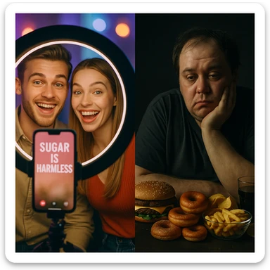 symbolic split scene: on one side, smiling confident influencers on smartphone saying sugar is harmless, bright lights, vibrant colors, filters; on the other side, tired swollen person surrounded by junk food, dark and shadowy environment; contrast between misinformation and hidden truth; cinematic style, dual lighting bright vs dark, social critique tone, 4K quality sticker