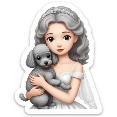 beautiful girl in a wedding dress hugging a small gray poodle sticker