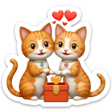 one happy cat proposing marriage to another happy cat, both cats smiling, with a ring box, playful and cute, emoji style sticker