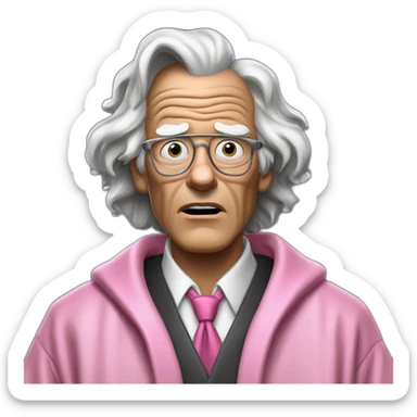Doc Brown BTTF looking shocked and his mouth wide open. No eye-ware. Wearing a dark-silver bathrobe with black trim. Underneath the robe, there is a pink collard-shirt with a WHITE necktie. sticker