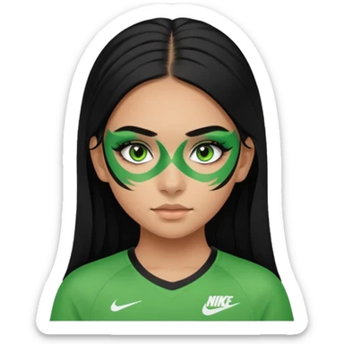 cute teenage girl, cute athletic Nike clothes, tan skin, green eyes, black hair, face paint, very long eylashes sticker
