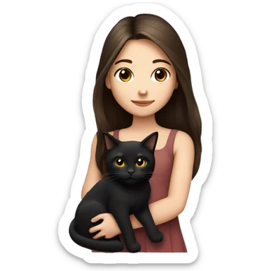 Brunette girl with long hair and brown eyes and fair skin holding a black cat sticker