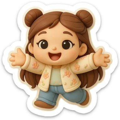 3D chibi fondant cake art style, high-quality rendering with smooth shadows and soft gradients. Girl based on reference image (preserve facial features), long brown hair in two space buns, brown eyes, jeans, pastel floral cardigan, thick white outline like a sticker, transparent background. Reaching out both arms for a joyful hug. Make sure her appearance matches previous stickers. sticker