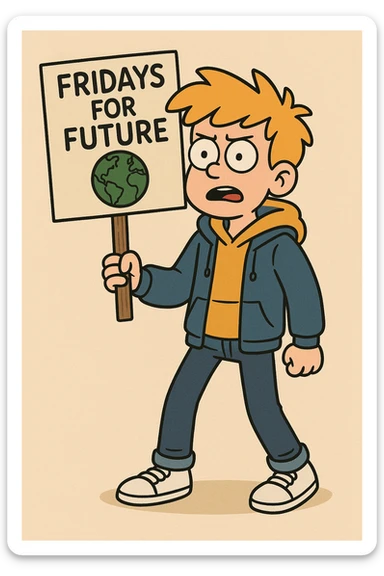  Fridays for Future a boy Yellow Orange hair shirts blue jackets hoodie dark blue jeans white shoe  sticker