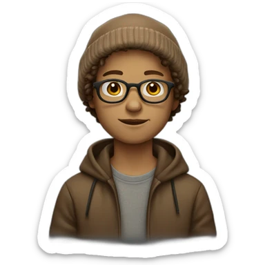 dutch boy wearing a dark-brown beanie, round glasses, dark-blonde curly hair, light-brown hoodie sticker