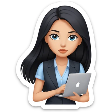 Glamours tanned very beautiful girl with pump peach nude lips and black straight smooth long hair, blue-grey eyes in beautiful v-neck black vest from the suit (short sleeves) with MacBook sticker