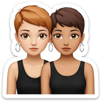 Puerto Rican fair skin straight brown pixie cut hair with hoop earrings make up and my best friend caramel colored pixie cut with jewelry and makeup on her face besties side-by-side wearing black  sticker