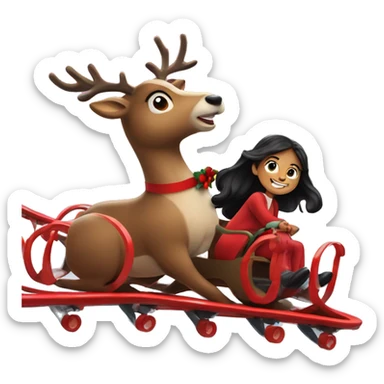 Reindeer with red wreath riding roller coaster with little girl long black hair sticker