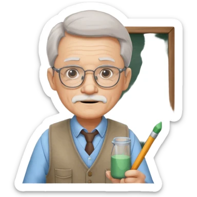 Man teacher: old, wearing vest, wearing glasses, hold chalk on their hand sticker