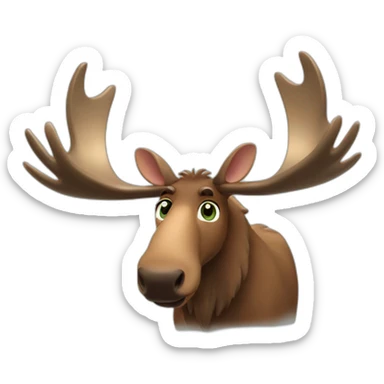 reate my future mascot, a moose who seems friendly, and trustworthy and who is small but with a big round face and long beautiful horns. He must be brown with big round green eyes. sticker