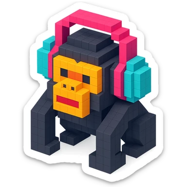 voxel style gorilla wearing large over-ear headphones, isometric view sticker
