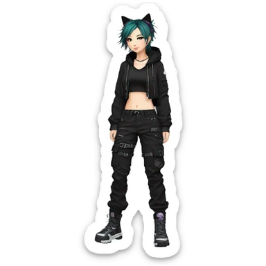 Edgy anime punk tomboy with cat ears techwear cargo pants hoodie sticker