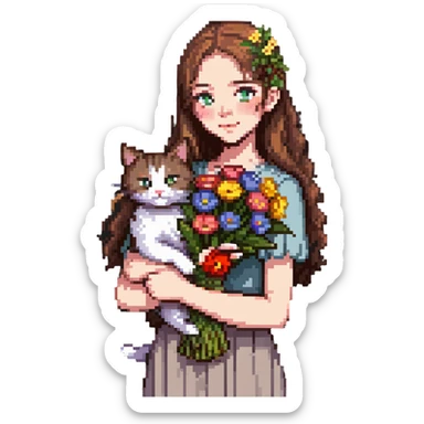 A cool girl with long brown hair and fair skin tilts her head and holds a bouquet of flowers and a cat sticker