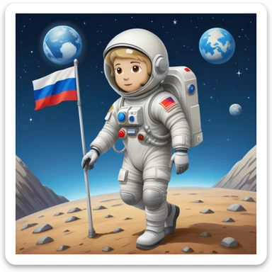 Cosmonaut walking on a planet surface, wearing a spacesuit with Russian flag, light hair and light skin visible through helmet sticker